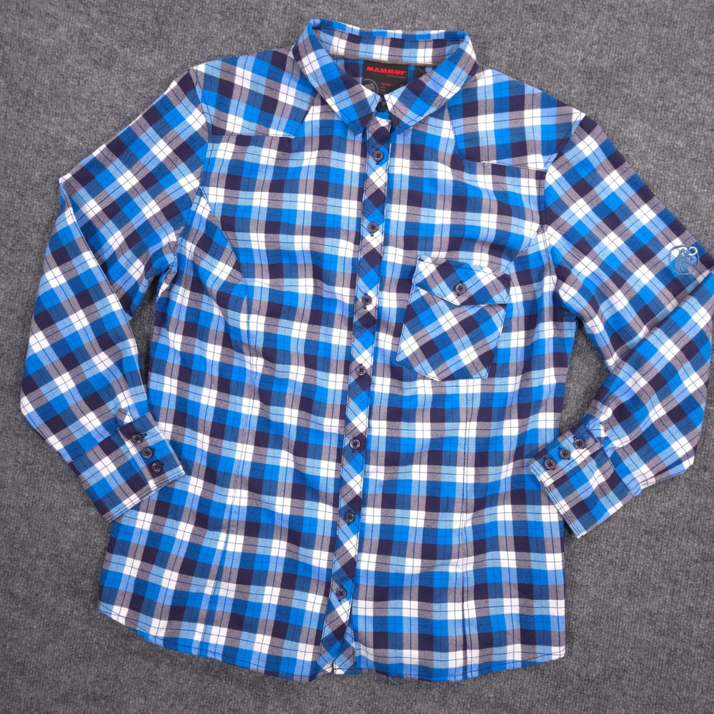 Mammut Bela Flannel Shirt Womens XL Blue Plaid Performance Outdoor Hiking Casual